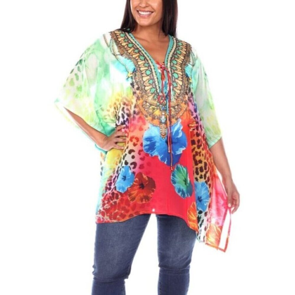 White Mark Plus Size Short Bright and Colorful Caftan with Tie-Up Neckline NWT